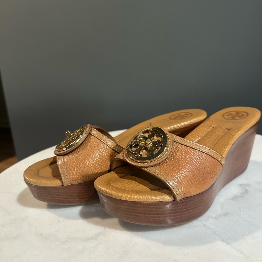 Tory Burch Tan Leather Wedge Sandals